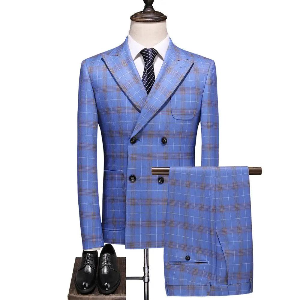 

Asian size Luxury plaid 3 piece suits men 2019 Double Breasted print wedding suits for men slim fit business blazers plus size