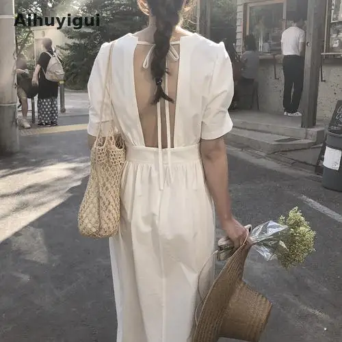 

Aihuyigui 2019 Summer Women Backless Hollow Out Solid Dress Women String O Neck Short Puff Sleeves Straight Slim Dress Ru120