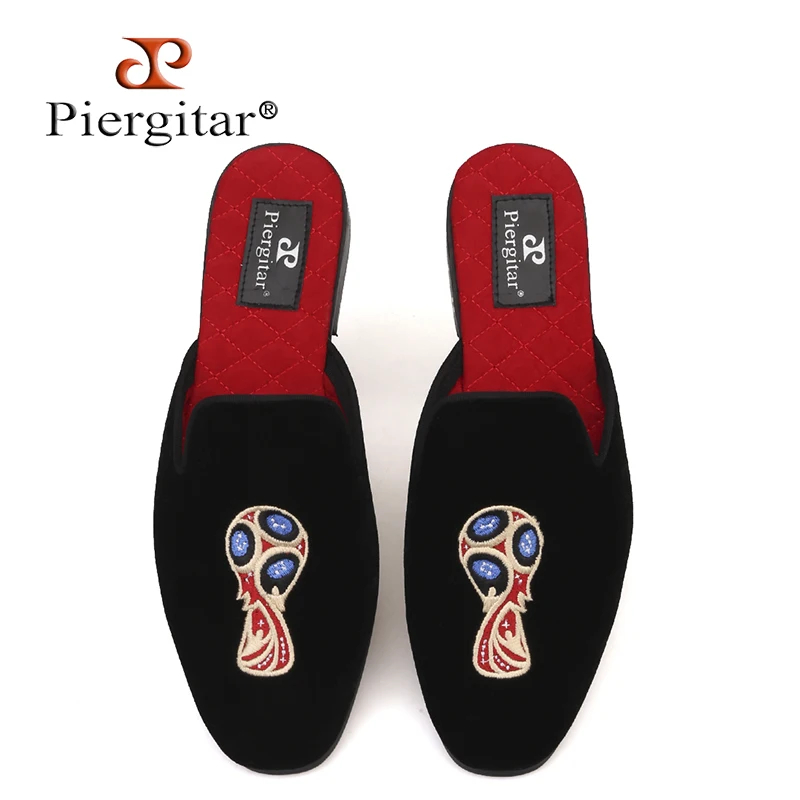 

Piergitar brand Fashion party half designs loafers 2018 Russian Football World Cup Embroidery men velvet slippers plus size 4-17