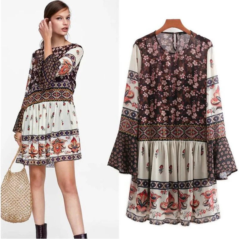 

COZARII 2018 vestidos feminina dress england style splicing print floral o-neck hollow out patchwork mini dress vestido women