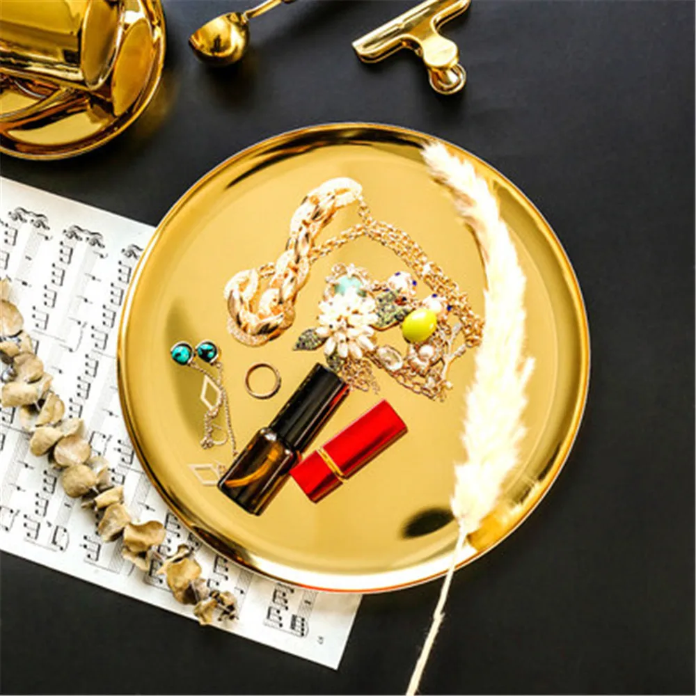 

Scandinavian Chic Golden Storage Tray Nordic Metal Round Dish Storage Plate Rainbow Color Fruit Cake Jewery Display Tray Decor