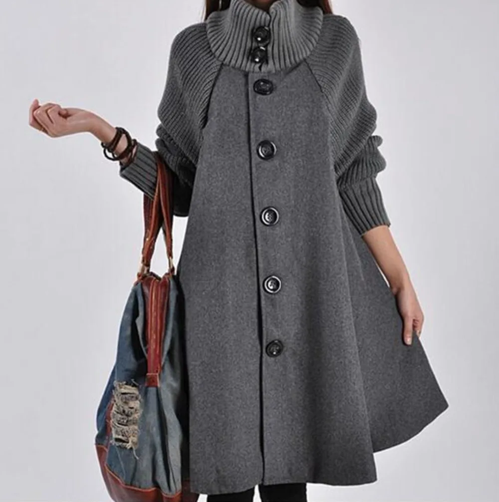 Woman Single Breasted Turtleneck Long Sleeve Woolen Coats Lady Casual A Line Long Coats Winter 