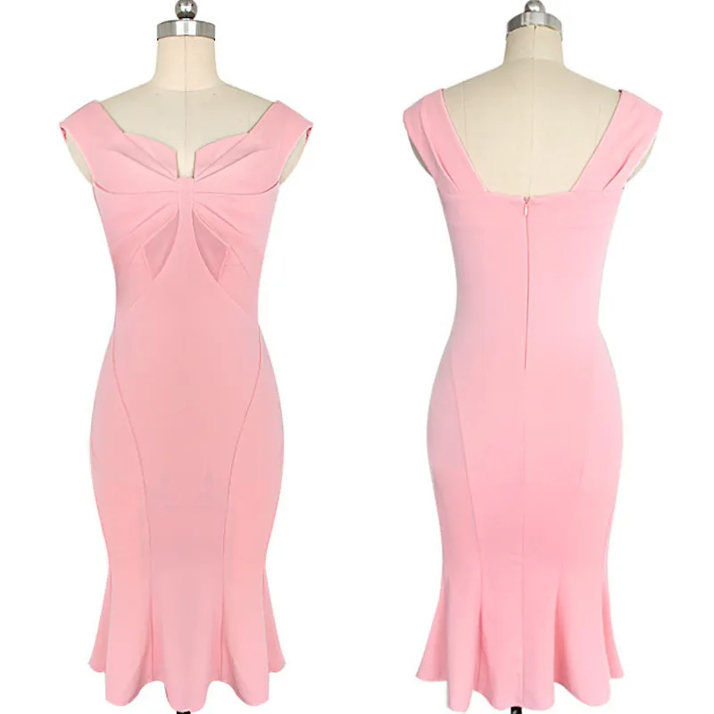 Женское ретро платье с бантом спереди, тонкое, красное, синее, розовое, сексуальное, платье русалки, Дамское, винтажное, элегантное, облегающее, для вечеринки, платье-труба - Цвет: Розовый