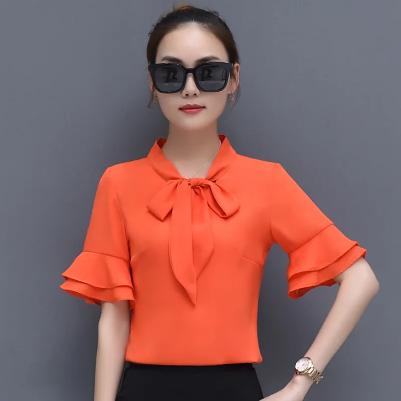 

Bow Decor Lady Chiffon White Blouses Size S-3XL Breathable Orange Color Elegant Career Women Fashion Shirts