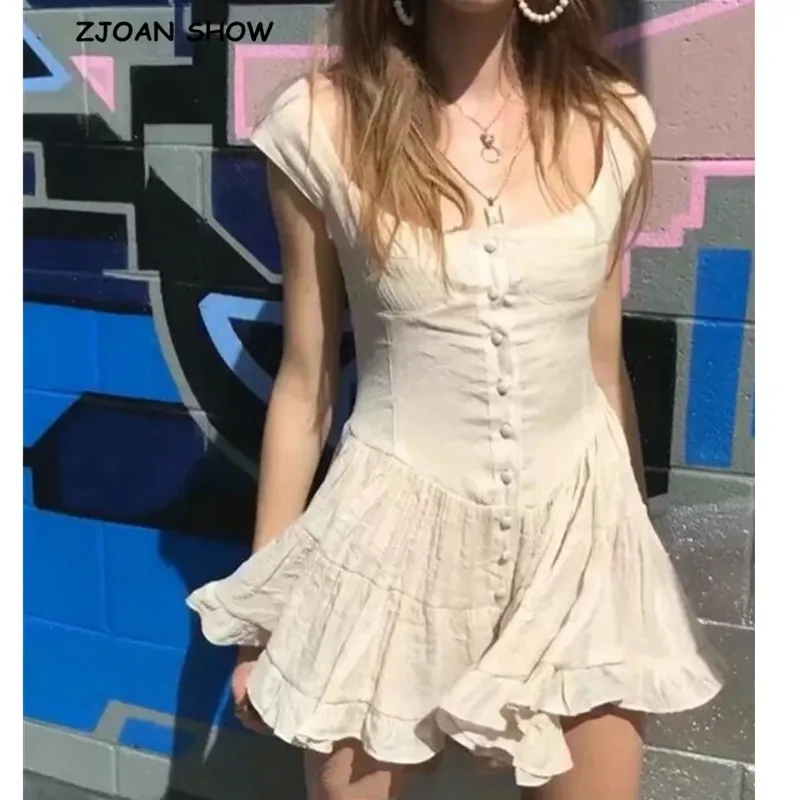 

2019 Sweet Single-breasted Buttons Sleeveless Short Jumpsuit Holiday Women Vintage Bottom Ruffle Flare Short Romper Overalls