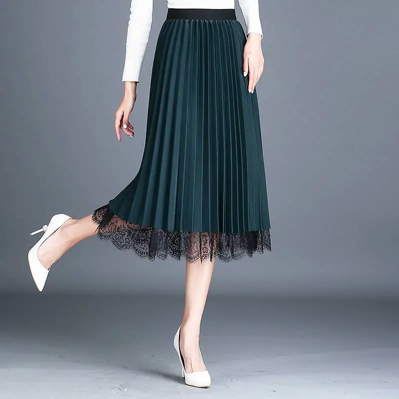 Vangull Высококачественная Женская кружевная юбка Новая Осенняя черная Весенняя плиссированная юбка с дырочками размера плюс юбки с эластичным поясом