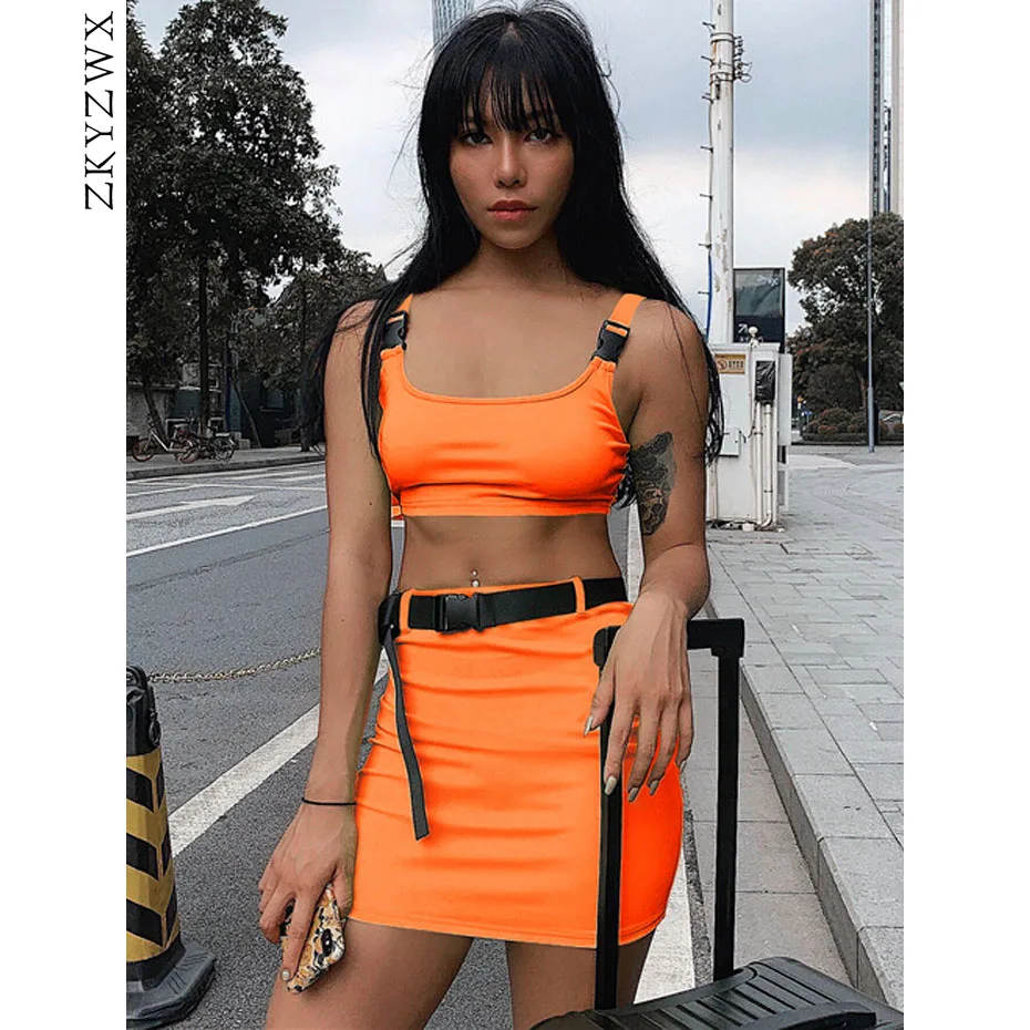 

ZKYZWX Neon Green Sexy 2 Piece Set Women Summer Clothes Buckle Crop and Mini Skirt Bodycon Two Piece Club Outfits Matching Sets