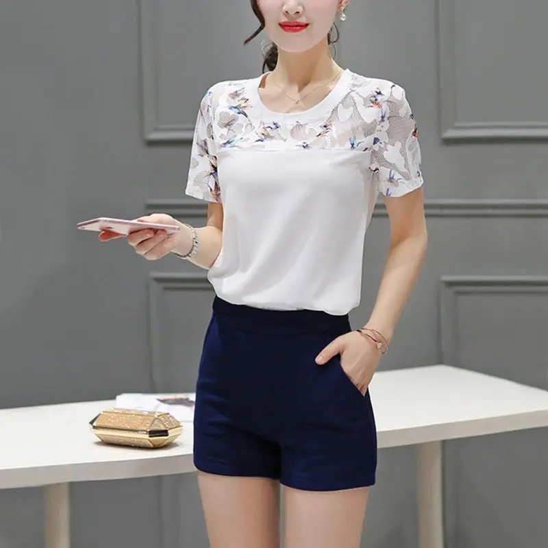 Floral Lace Blouse Women Short Sleeve Plain Blouse Summer Elegant Blouse