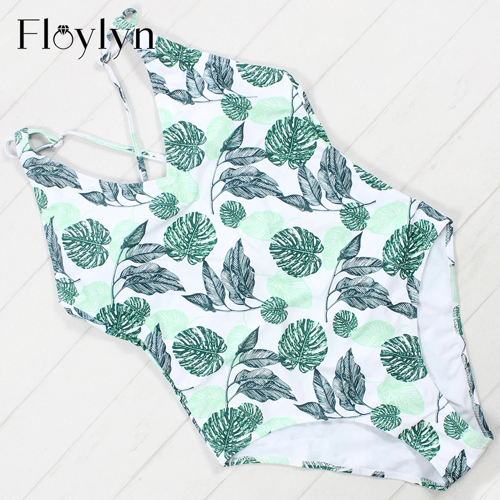 

Floylyn Swimwear Women One Piece Swimsuit Green Leaves Print Bodysuit Maillot De Bain Femme Push Up Monokini Beach Bathing Suit