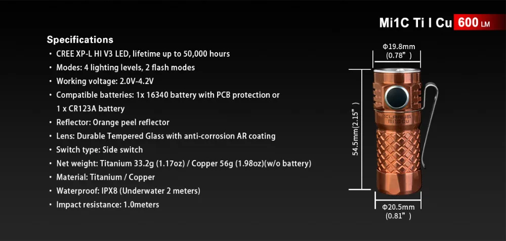 KLARUS Mi1C светодиодный фонарь Ti/Cu CREE XP-L HI V3 600LM мини титановый фонарь с 16340 литий-ионным перезаряжаемым аккумулятором для самообороны