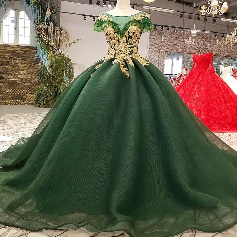 Dark Green Wedding Dresses 2018 Beaded Gold Lace Tulle