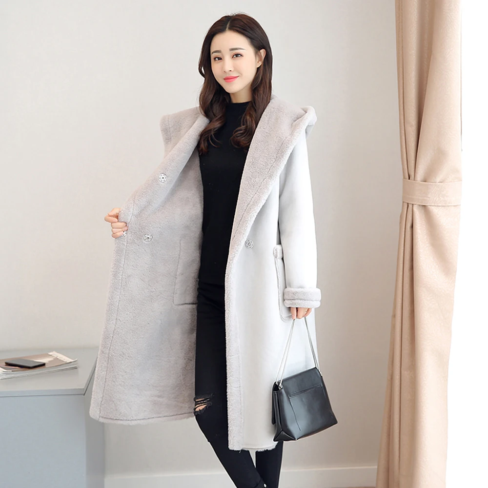

Winter Faux Fur Suede Sheared Lamb Wool Coat for Women White Warm Jacket Long Plus Size Oversized Hoodies Cashmere 2019 Clothing