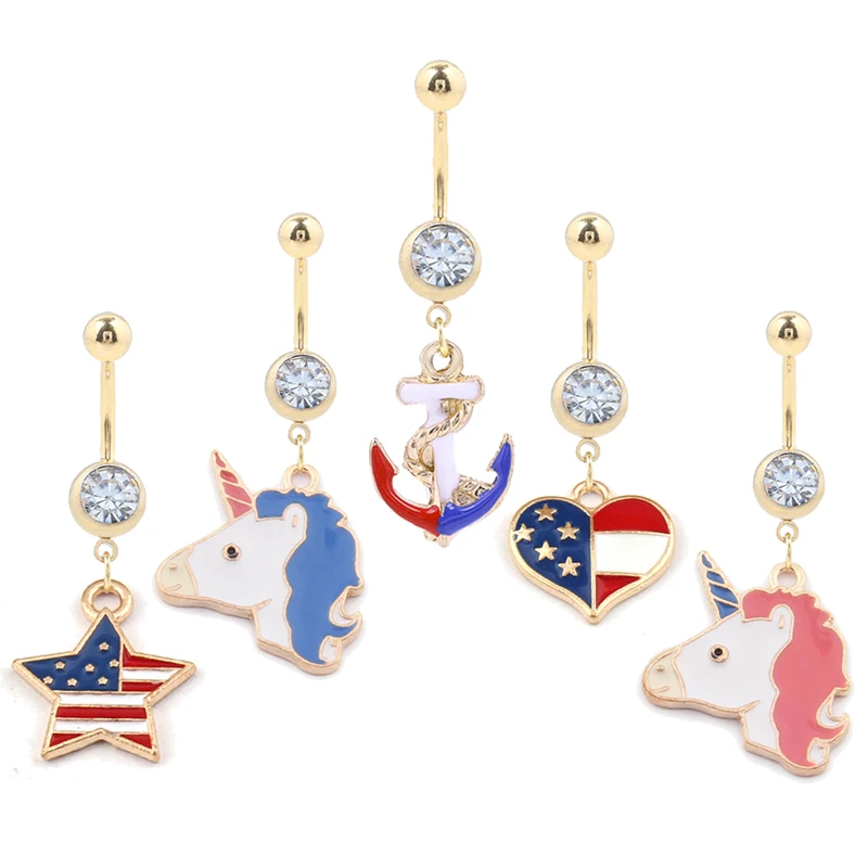 

1PC Gold 14G Belly Button Rings for Women 316L Stainless Steel Piercing Navel Bohemian American Flag Body Piercing Jewelry