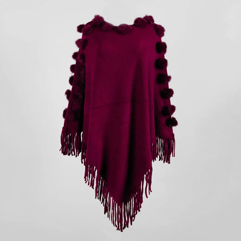 Fringed Cloak Shawl Hair Ball Pullover Knitted Sweaters Women Casual Streetwear Fringed Cloak Shawl Sweater Ladies Sweater - Цвет: wine red