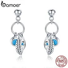 BAMOER 925 пробы серебряные винтажные богемные перья голубые глаза серьги-гвоздики для женщин ювелирные изделия из стерлингового серебра SCE436