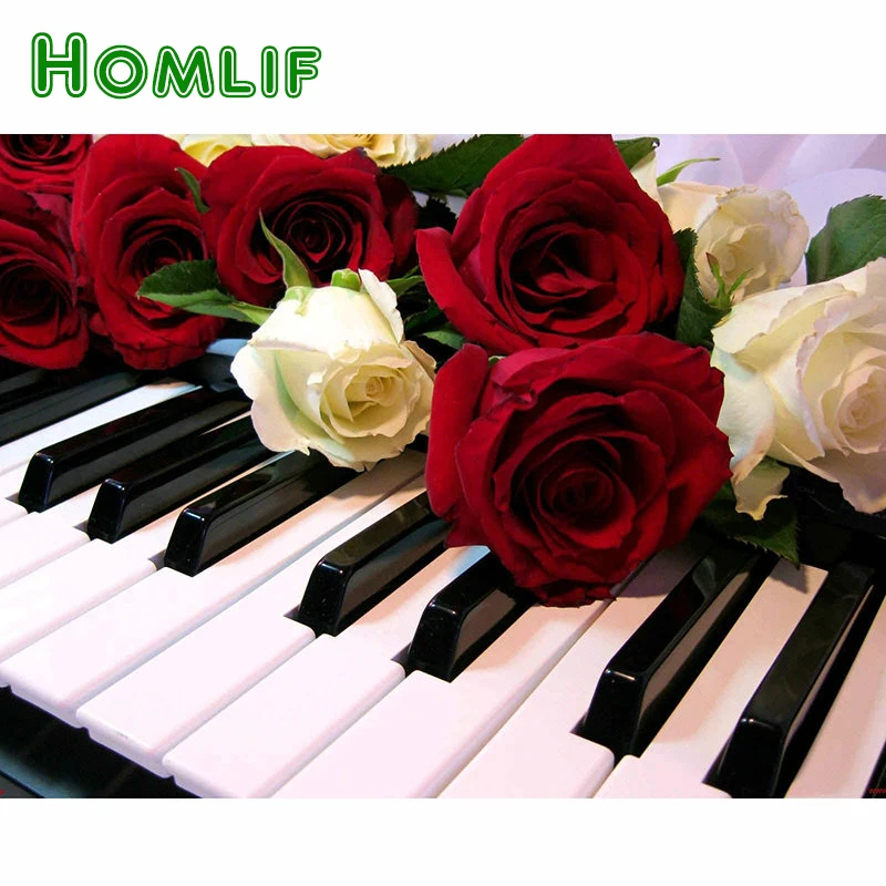

HOMLIF Diy diamond mosaic paint on canvas 3d diamond painting cross stitch kit Piano diamond embroidery rose flowers picture Art
