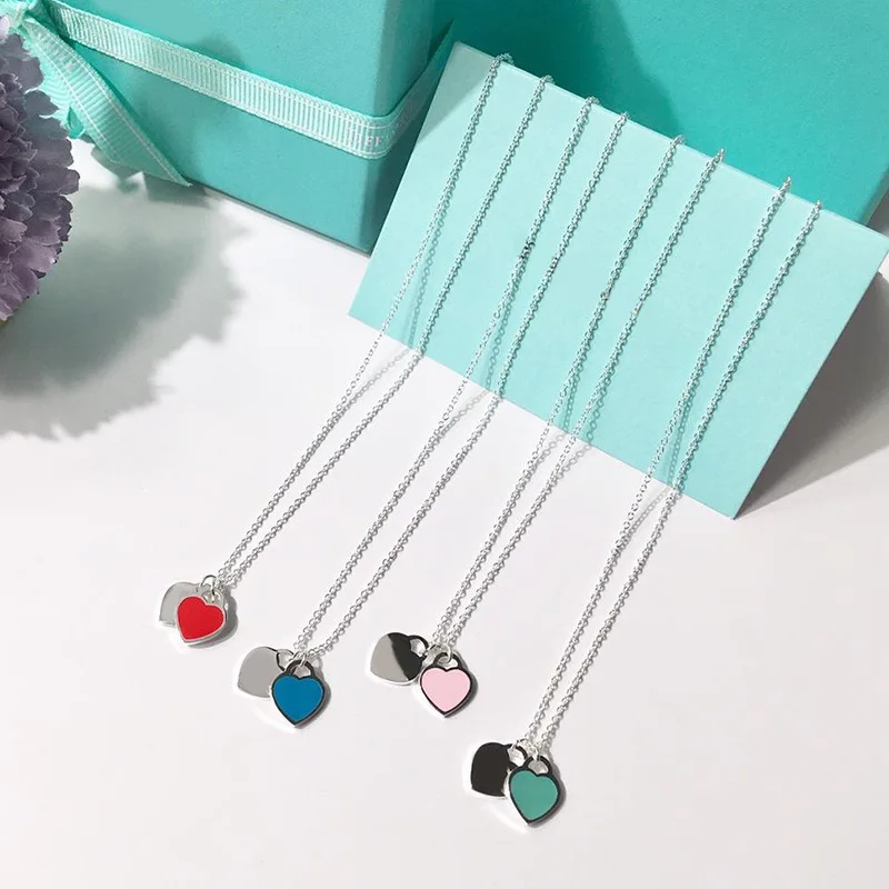 

Sweetly Double Heart Pendant Women Necklace Fashion Titanium Steel High Quality Green Heart Love Gift Necklace Brand Jewelry