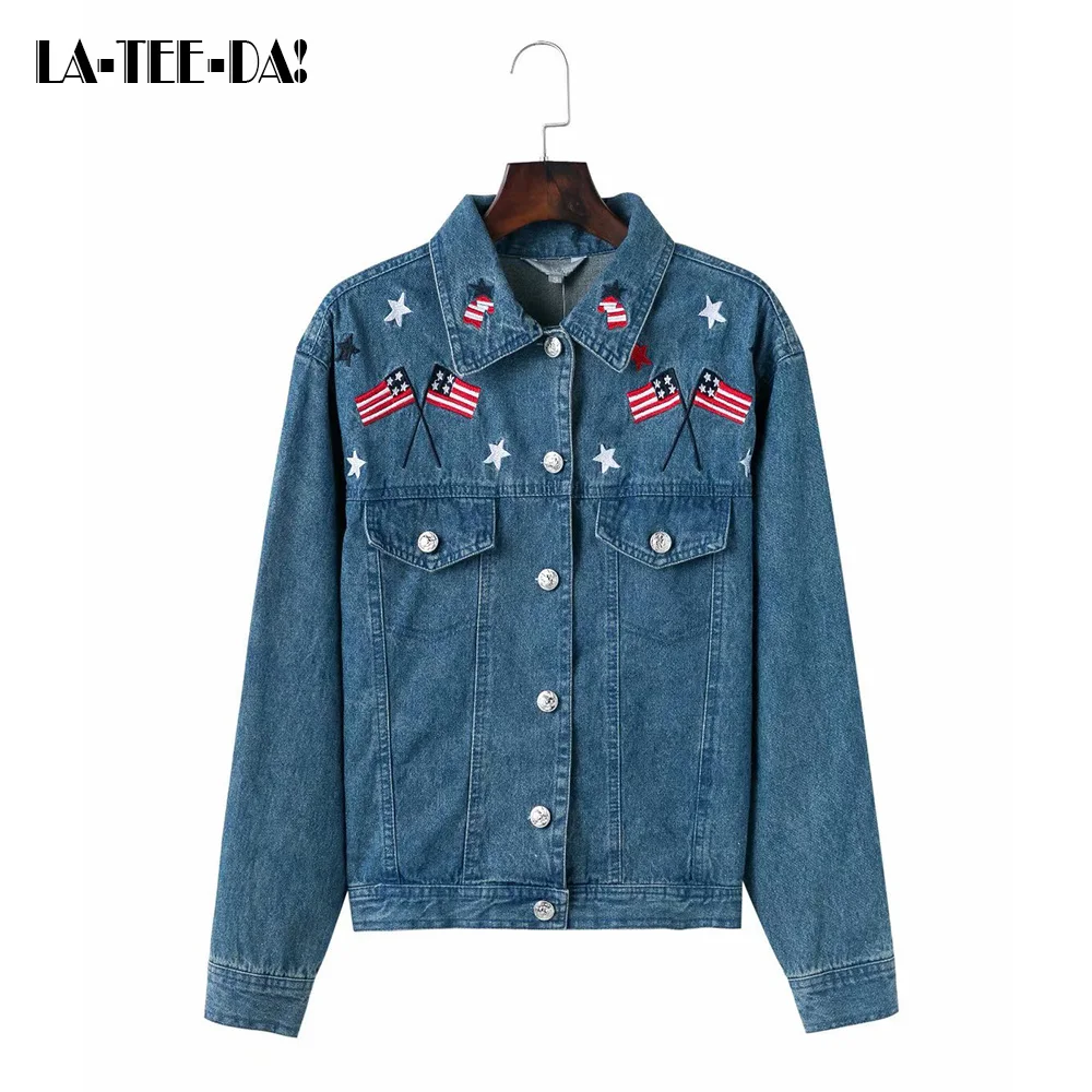 Ltd1198245 Star spangled Robes Veste Dame Fleurs Nouveau Manteau 2018 Poches Broderie Picture Col Denim Blue Banner Le Femmes 1xrRUqw1Hn