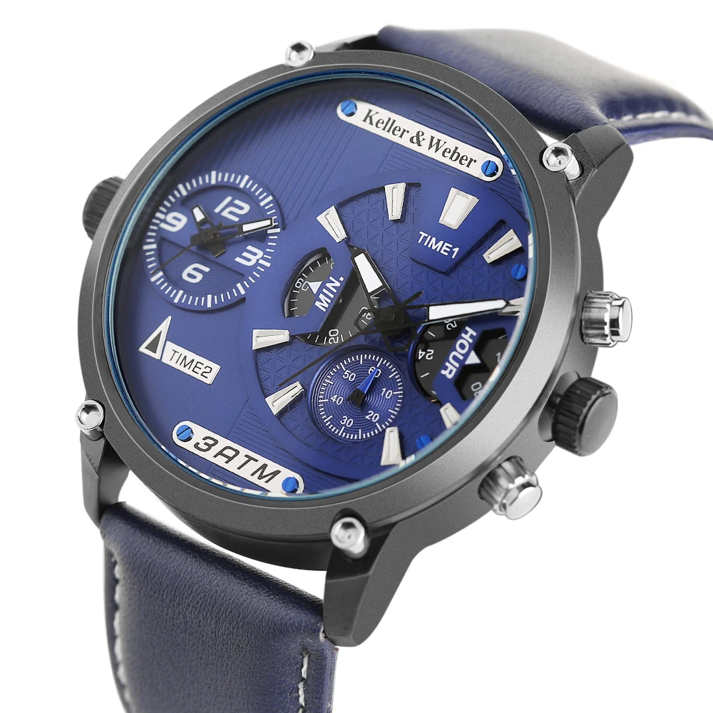 Keller & Weber Business Men's Watches Dual Time Zone Quartz Wrist Watch Genuine Leather Band Male Wirst Clock  (18)
