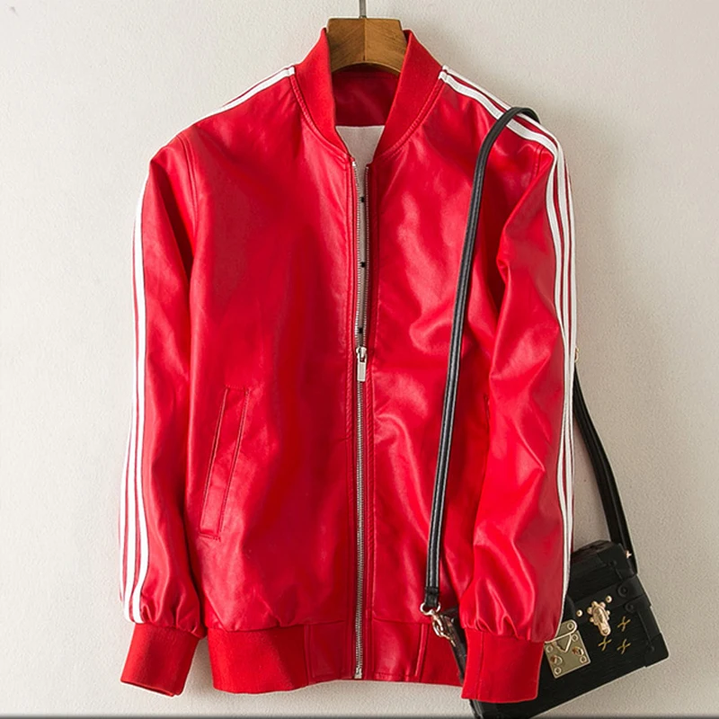

2017 European and American Spring Girls Lovers PU Baseball Short PU Motorcycle Leather Jackets Red Striped Women Cloth 3XL C389