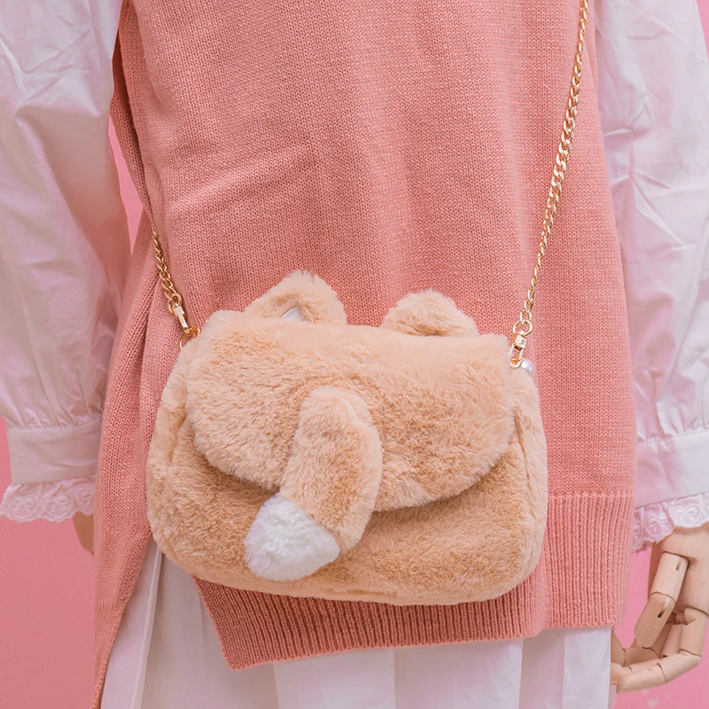 

Cute Cat Ear Tail Chain Bags Women Crossbody Girls Cartoon Handbags Lolita Plush Soft Mini Shoulder Bag Bolsas Feminina