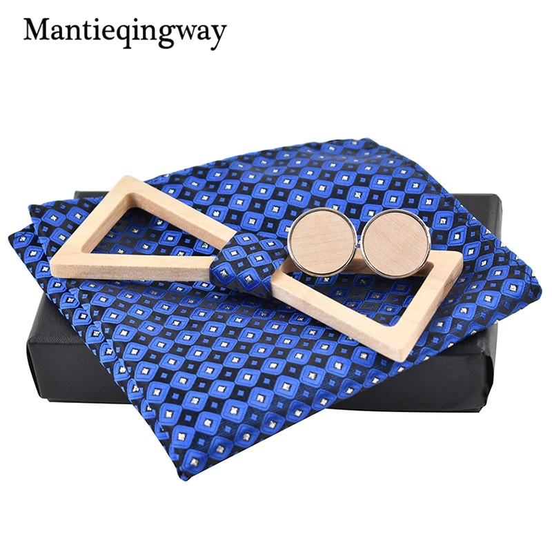 

Mantieqingway Polyester Handkerchiefs Wood Bowtie Cufflinks Set For Men Business Suit Hanky Neckwear Wooden Neckwear Bow Ties