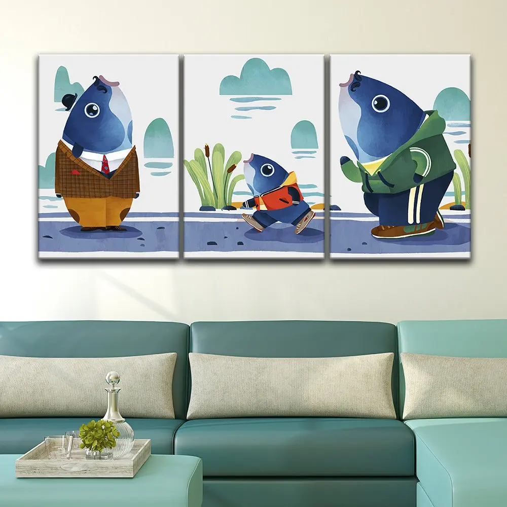 3 Panel Canvas Wall Art Watercolor Style Cartoon Mr Fish Giclee Print Gallery Wrap Modern Home Decor Panels | Дом и сад