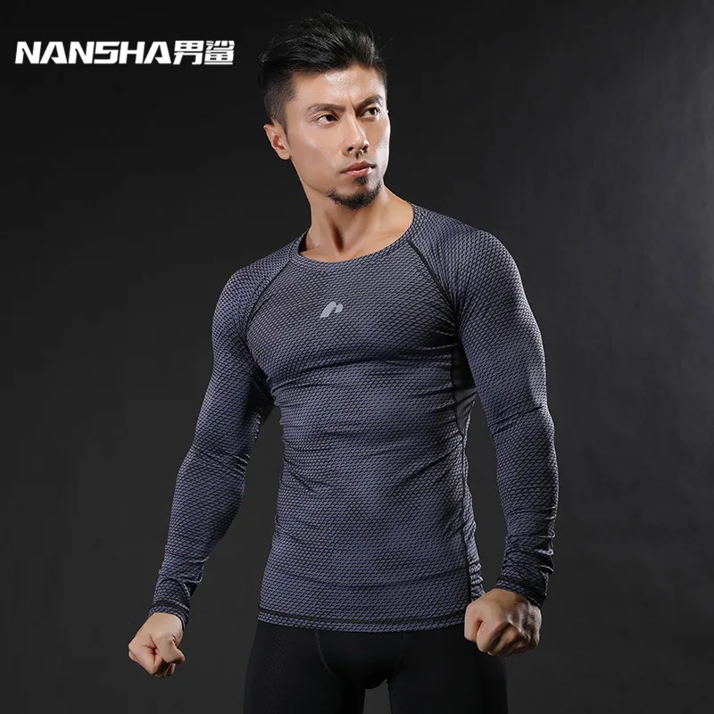 

NANSHA Mens Fitness Long Sleeves T Shirt Men Bodybuilding Skin Tight Thermal Compression Shirts MMA Crossfit Workout Top