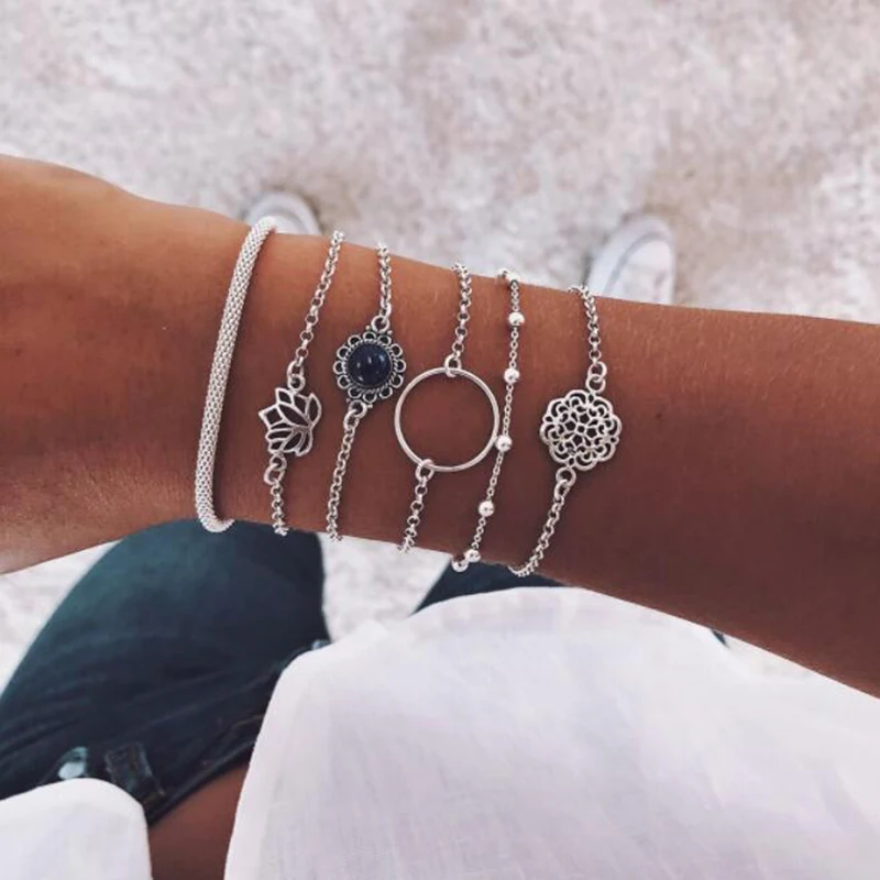 

6Pcs/set Fashion Round Bead Lotus Charm Bracelet Set For Women Boho Retro Bangle Bracelets Jewelry Party Gifts