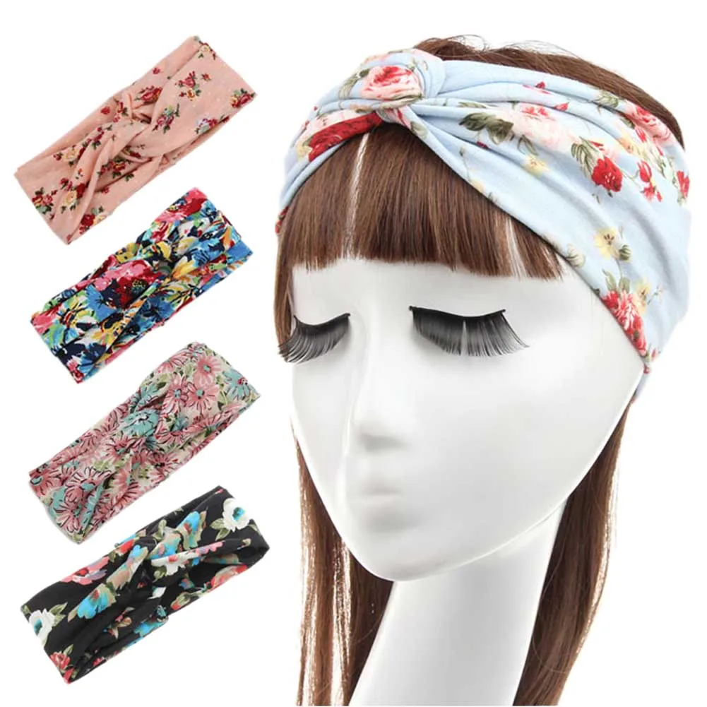 

Bohemian Style Elastic Headbands printed Boho Cross Floral Turban Girls Flower Hair Band Women Lady kids Headwear Accessories
