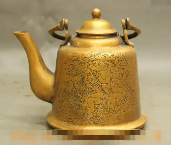 

17CM FengShui Chinese Bronze 2 Wealth Child Riding Phoenix Statue Teapots Wine Pot