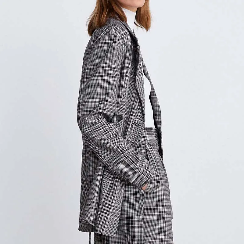 Vintage Double-breasted Checkered Blazer Women Long Office Lady Suit Coat 2019 Spring Autumn Jacket Women with Sashes AO932 Vintage Double-breasted Checkered Blazer Women Long Office Lady Suit Coat 2019 Spring Autumn Jacket Women with Sashes AO932
