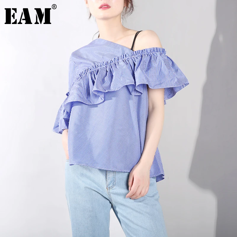 

[EAM] 2019 New Spring Summer Skew Collar Stripe Lotus Leaf Edge Of Shoulder Blue Striped Shirt Women Blouse Fashion Tide J9840