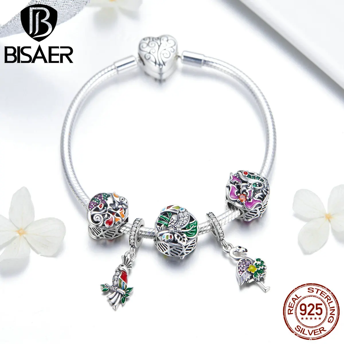 

BISAER Real 925 Sterling Silver Tropical Forest Bird Flamingo Heart Clasp Femme Women Bracelets Authentic Silver Jewelry ECB818