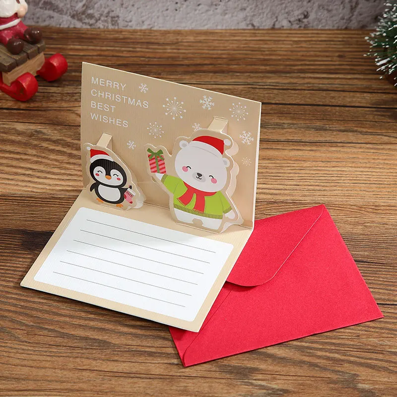 bear x2pcs Blank Christmas Invitation Cards with Envelope Snowman Santa Claus Red Xmas Invitations Thank You Card for Christams Party - Цвет: bear x2pcs