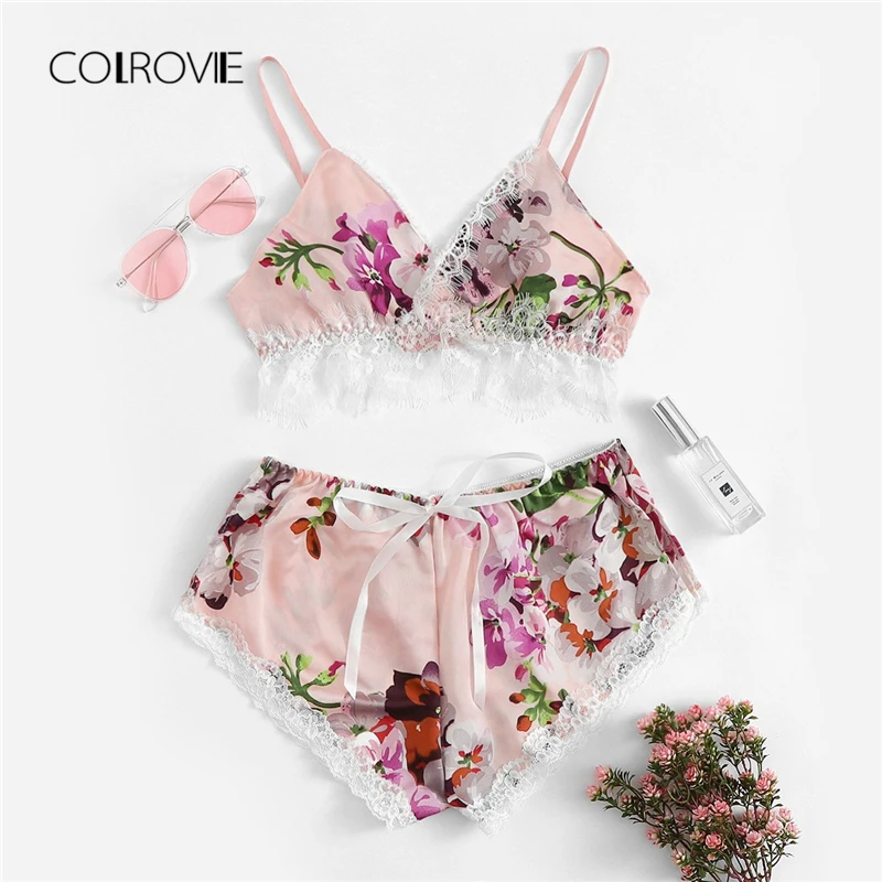 COLROVIE Multicolor Lace Trim Floral Print Satin Sexy Women Lingerie Set Boho Wireless Intimates Femme Bra Underwear Set