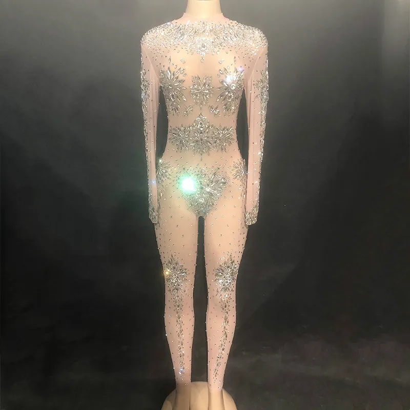 Блестящие Серебряные Кристаллы сетчатый комбинезон See Through наряд на день рождения певица Вечеринка Пром праздновать сексуальный танцевальный костюм