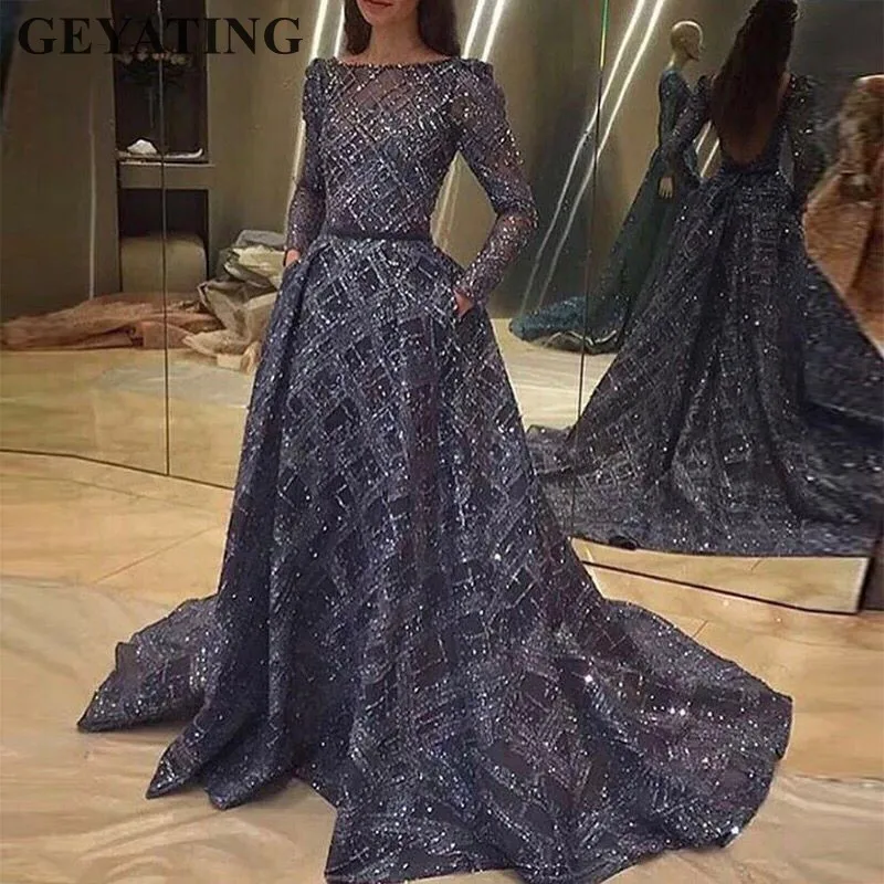 Sparkly Sequined Navy Blue Arabic Evening Dress Long Sleeves Backless Long Prom Dresses Dubai Turkish Kaftan Formal Party Gowns Sparkly Sequined Navy Blue Arabic Evening Dress Long Sleeves Backless Long Prom Dresses Dubai Turkish Kaftan Formal Party Gowns