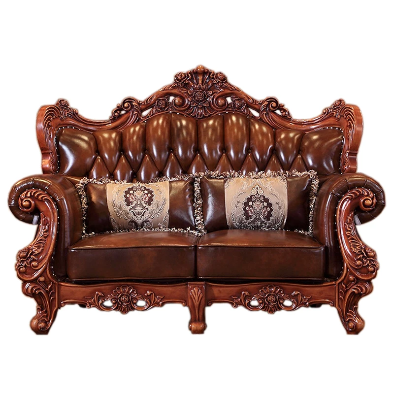 Hot classic European style solid wood leather sofa set living room furniture sillones puff asiento divano letto koltuk takimi