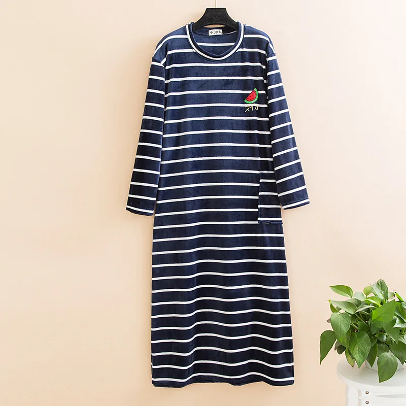 Autumn Nightgown Plus Big Size Women Sleepwear Stripes Winter super Soft Flannel Night Dress Long Sleeve Nightwear New