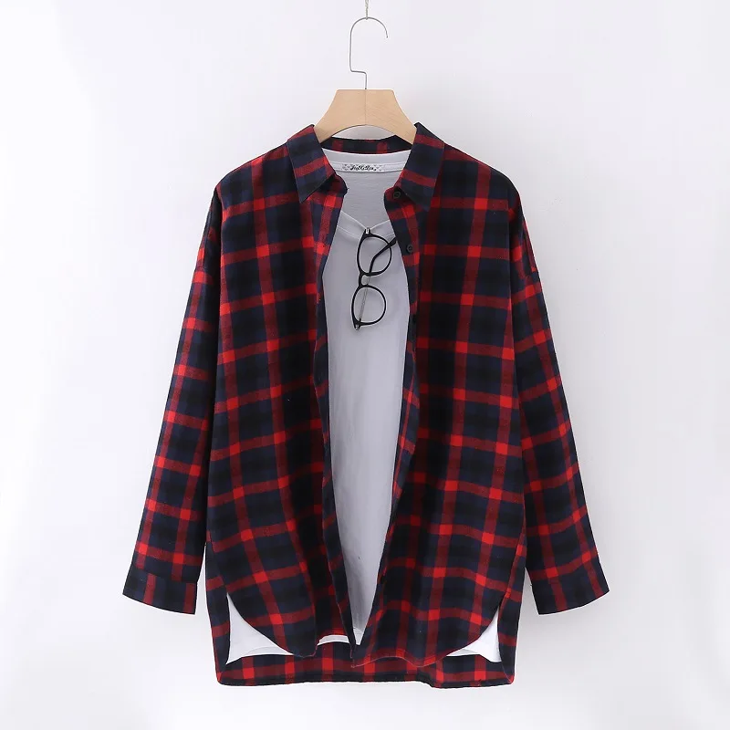  Women Plaid Shirts Japanese style loose Spring Long Sleeve Blouses Shirt Office Lady Cotton Lace up