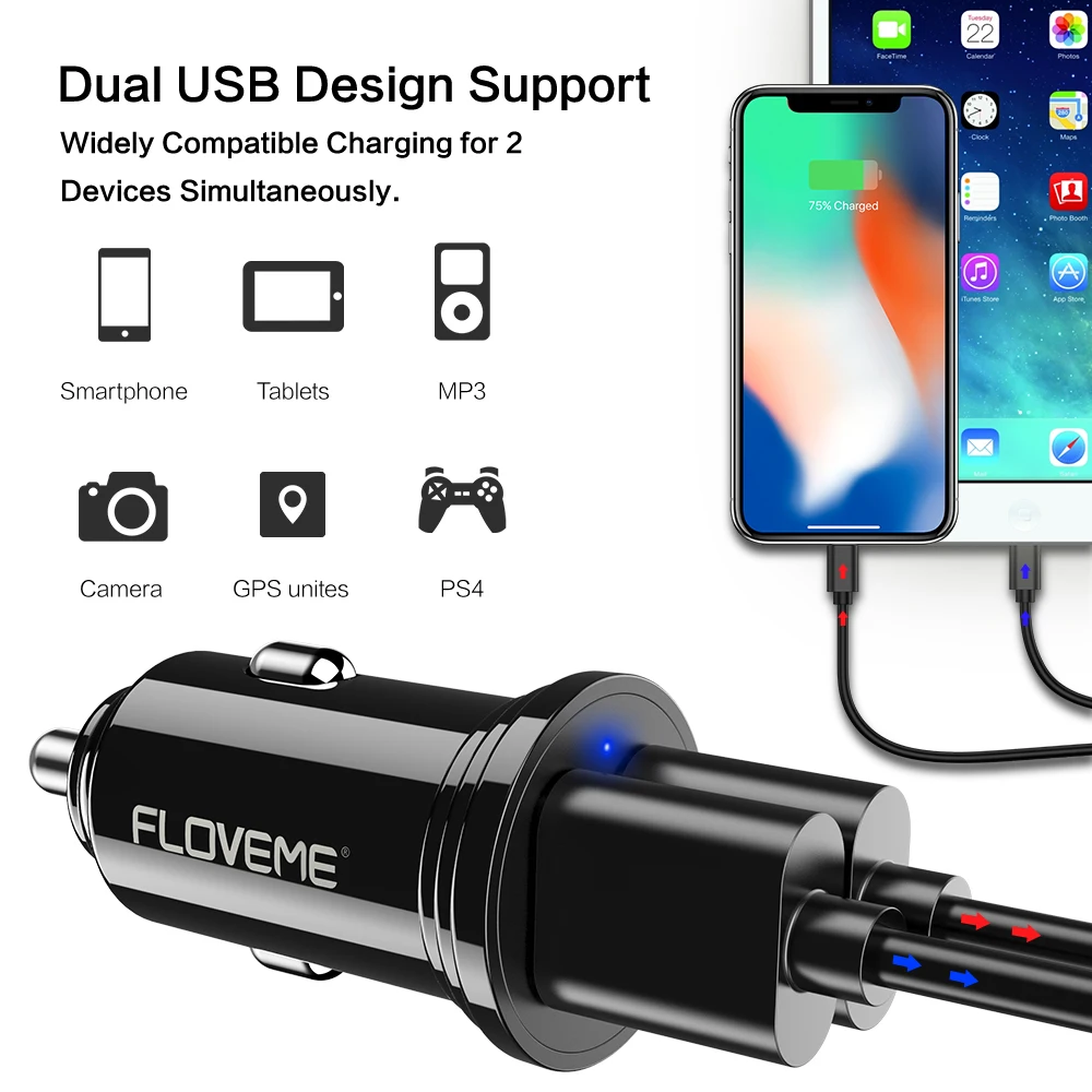 FLOVEME المزدوج USB سيارة شاحن هواتف xiaomi mi 8 لينوفو z5 العالمي 2.4A 5 V سيارة-شاحن آيفون 7 7 زائد مهايئ شاحن الهاتف