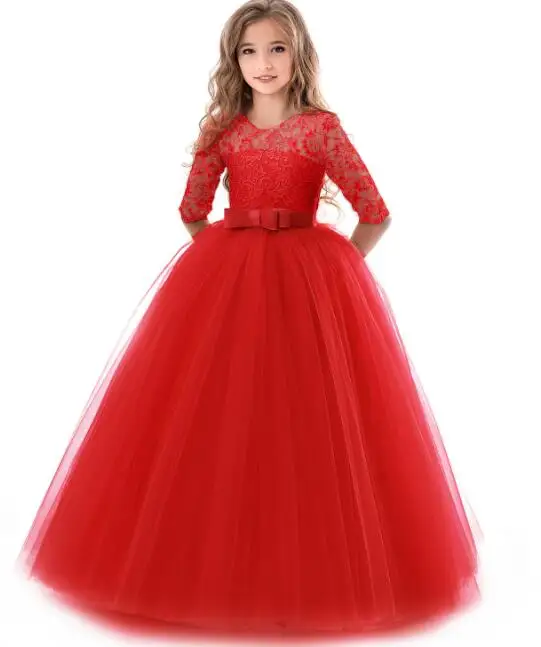 От 5 до 14 лет, детское платье для девочек, свадебное фатиновое кружевное длинное платье для девочек, элегантное праздничное платье принцессы, торжественное платье для подростков - Цвет: red