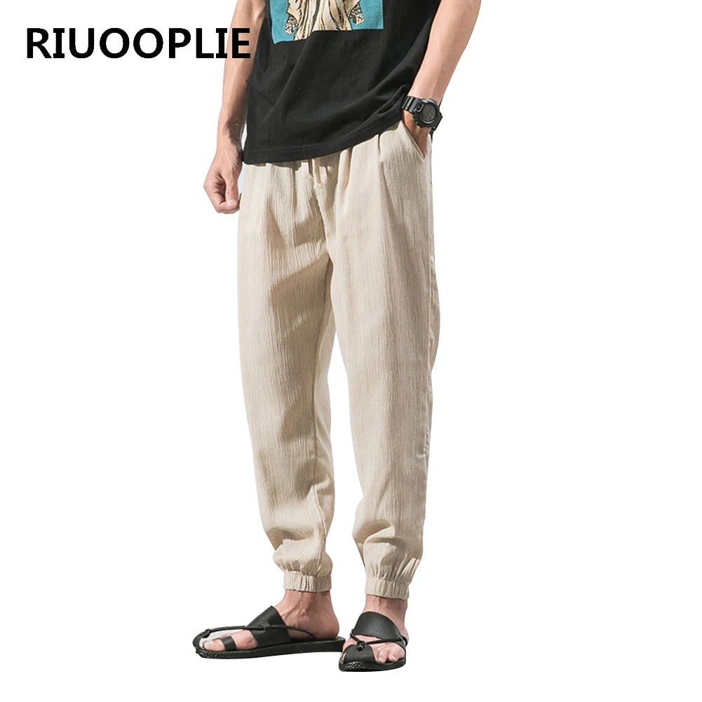 RIUOOPLIE Men Reto Casual Loose Cotton Linen Elastic Waist Lantern Pants Haren Trousers 3