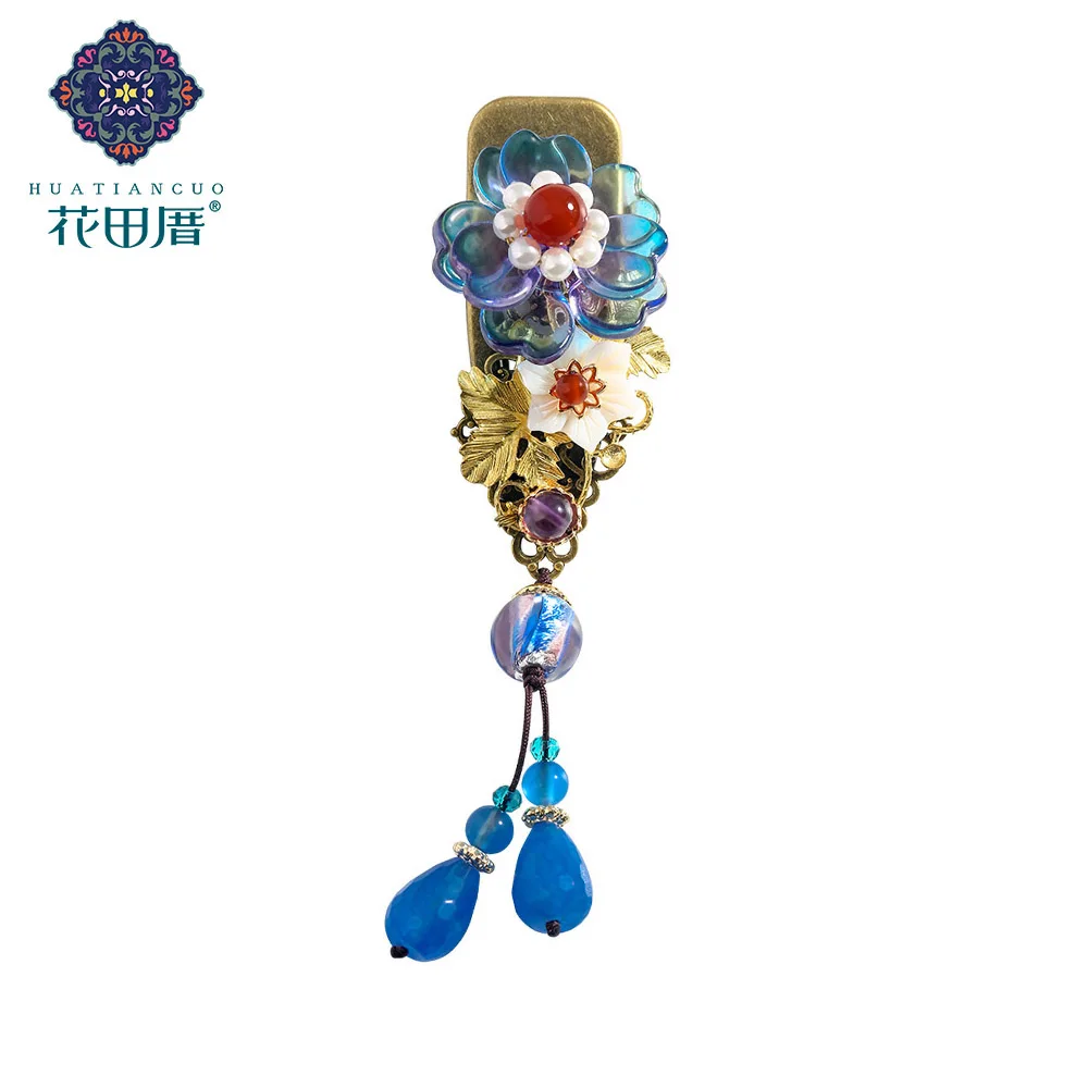 Ethnic Lampwork Flower with Pearl Circle Hair Pin for Women Dangle Shell Drop Golden Vine Leaf HairPin HeadPiece FJ-18117 | Украшения и