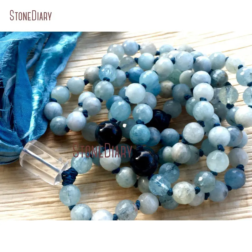 20180313-NM11092-Aquamarine Mala Beads, Blue Tiger Eye, Crystal Quartz , Silk Sari Tassel Necklace, Throat Chakra Yoga Beads , Aura Cleansing Beads_3