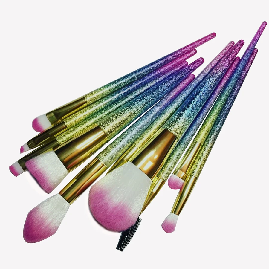 10pcs Unicorn Makeup Brushes Rainbow Handle Make Up Brushes Fiber Brush