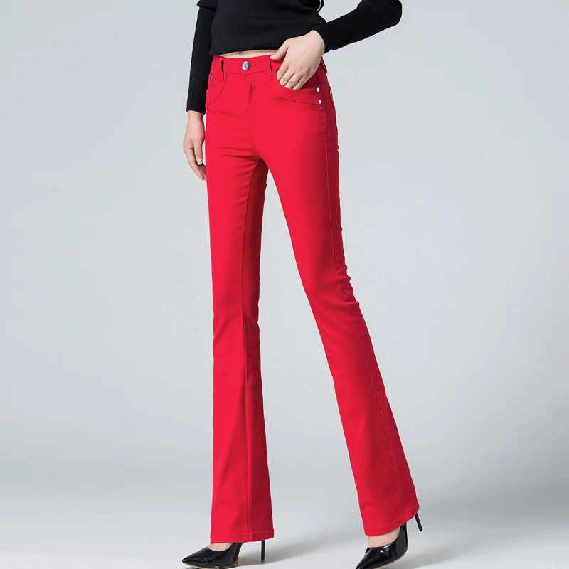 Лидер продаж Для женщин Демисезонный Slim Fit Высокая Талия расклешенные джинсы стрейч обтягивающие джинсы брюки клеш джинсовые брюки 8 цветов - Цвет: red