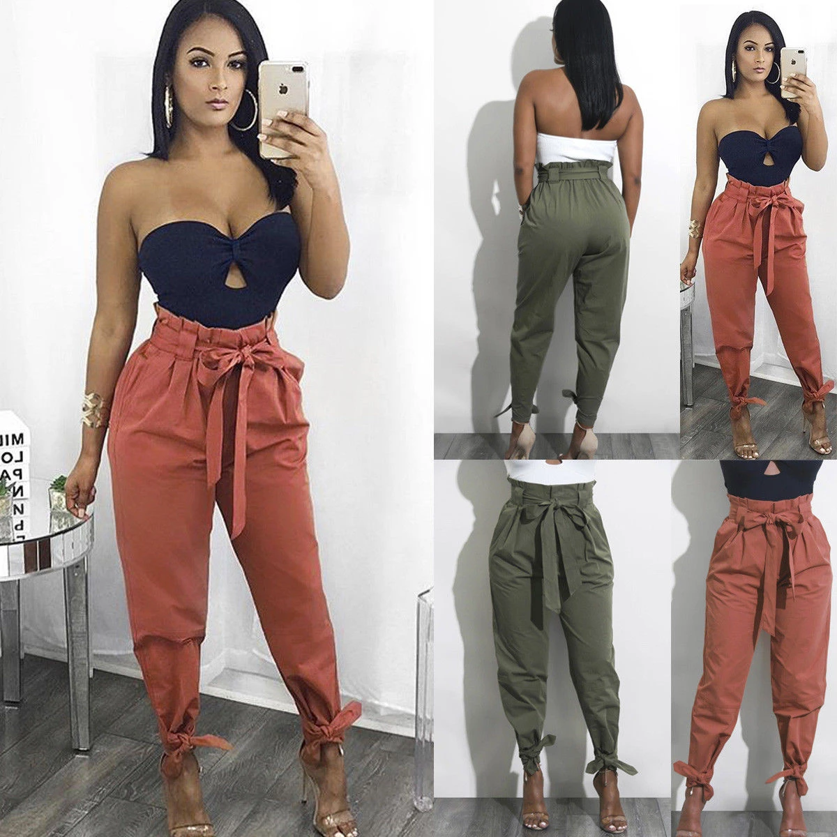 mujeres Casual Harem pantalones elástico alta cintura Bangage largos moda señoras pantalones traje|Pantalones y pantalones capri| - AliExpress