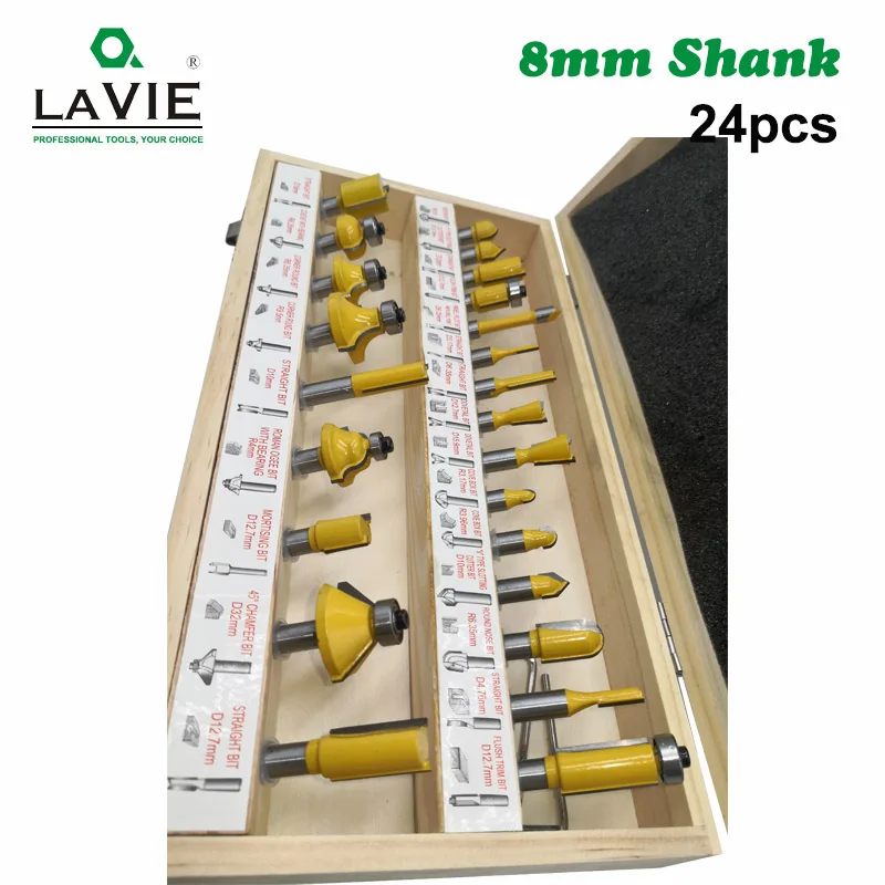 24PCS 8mm Shank DIY Woodworking Router Bits Set Milling Cutter for Wood Flush Straight Chamfer Trimming Engraving Tool MC02012